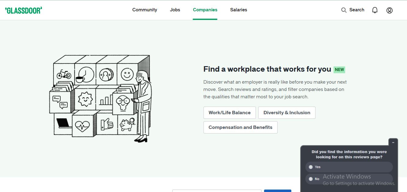 5 Best and Worst Job Recruitment Sites in Canada: A picture showing landing page for GlassDoor - online job platform for Canada Work Visa Sponsorship.