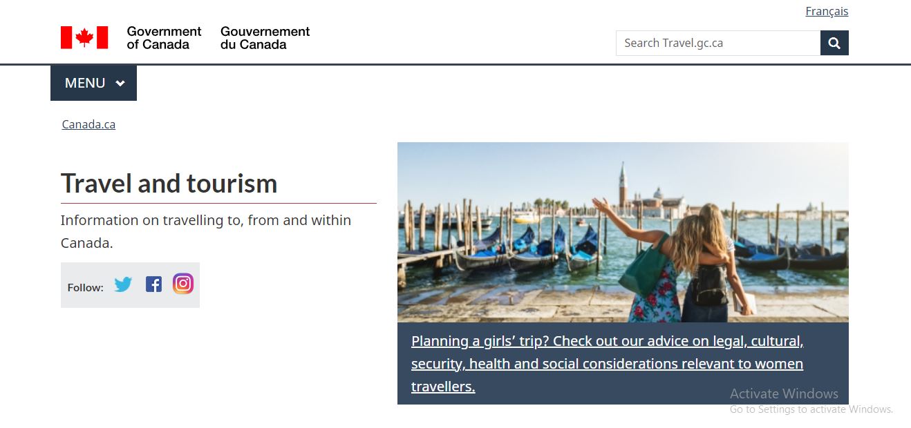 Canada Visitor Visa: A picture showing landing page official Canada website for travel and tourism information.