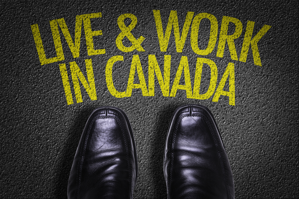 Canada Caregiver Program vs Temporary Foreign Worker Program: Top View of Business Shoes on the floor with the text: Live & Work in Canada